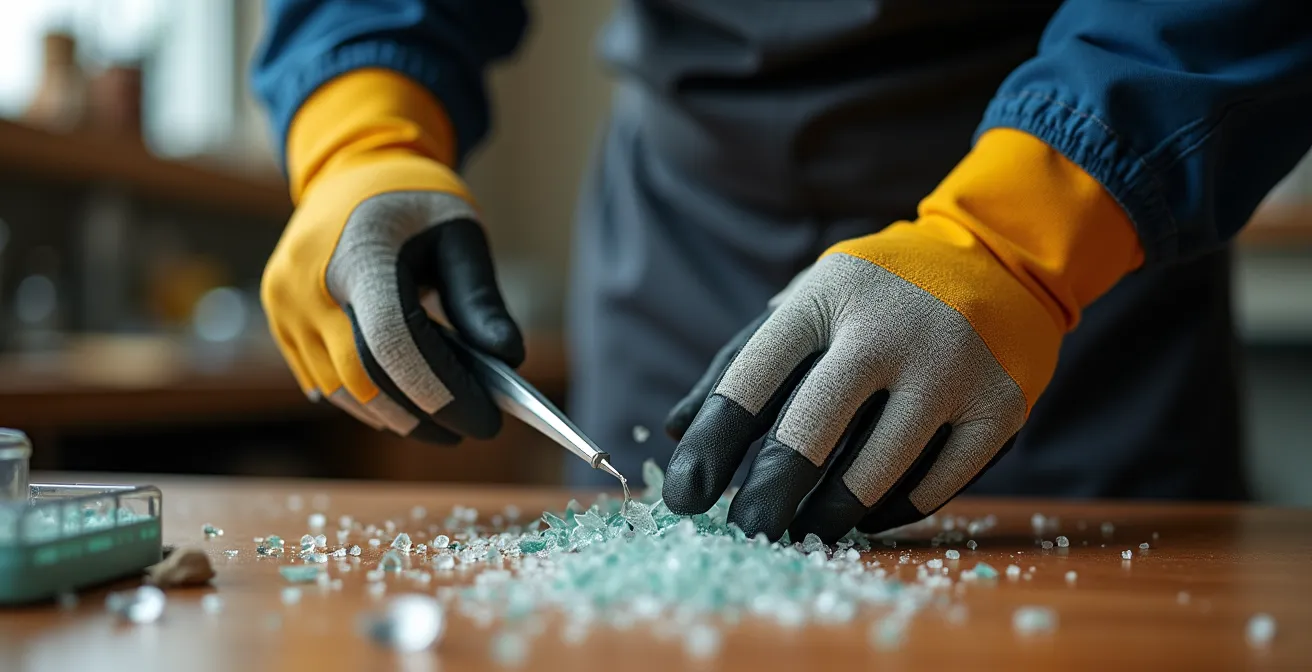 Mains protégées par des gants manipulant un clearomiseur cassé avec outils de sécurité