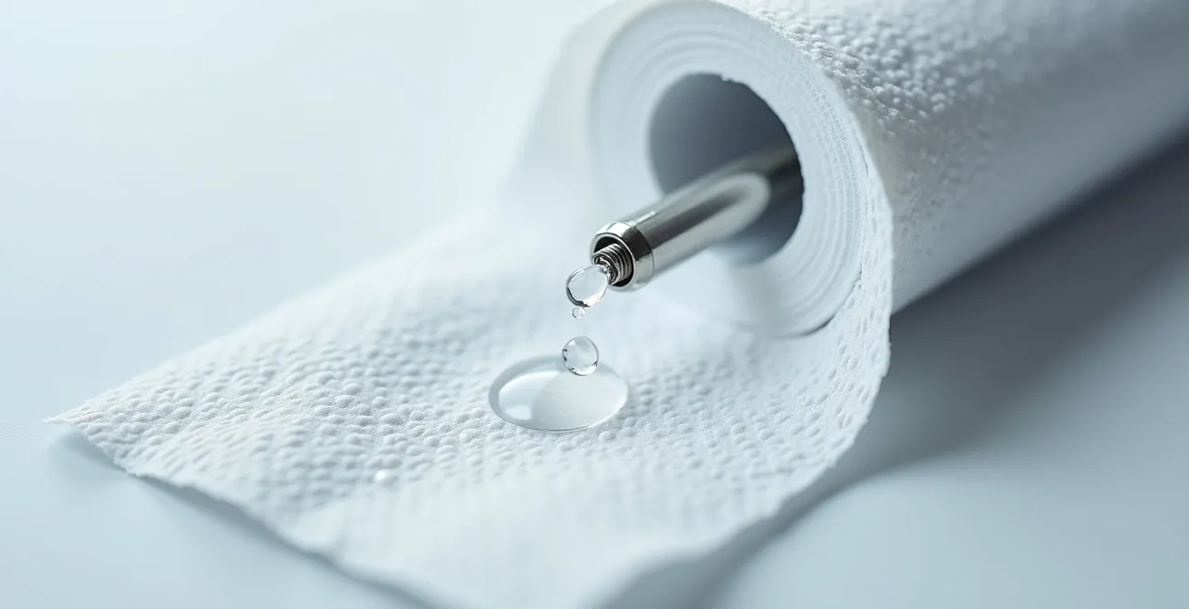 Macro détaillée d'un connecteur 510 avec une torsade de papier essuie-tout absorbant l'humidité