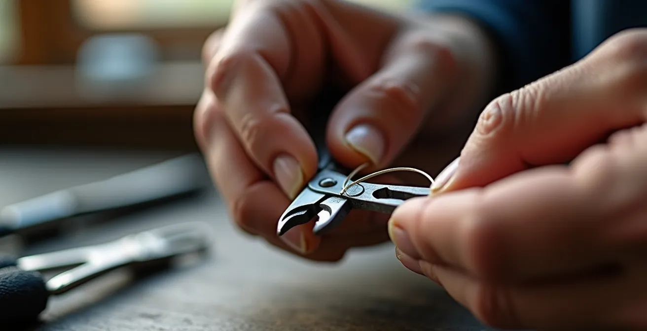 Mains tenant une pince plate tordant un fil Fused Clapton avant la coupe