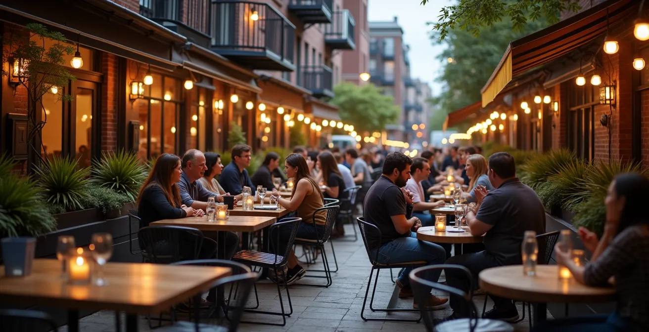 Vue d'une terrasse de restaurant montréalais avec zones désignées pour fumeurs