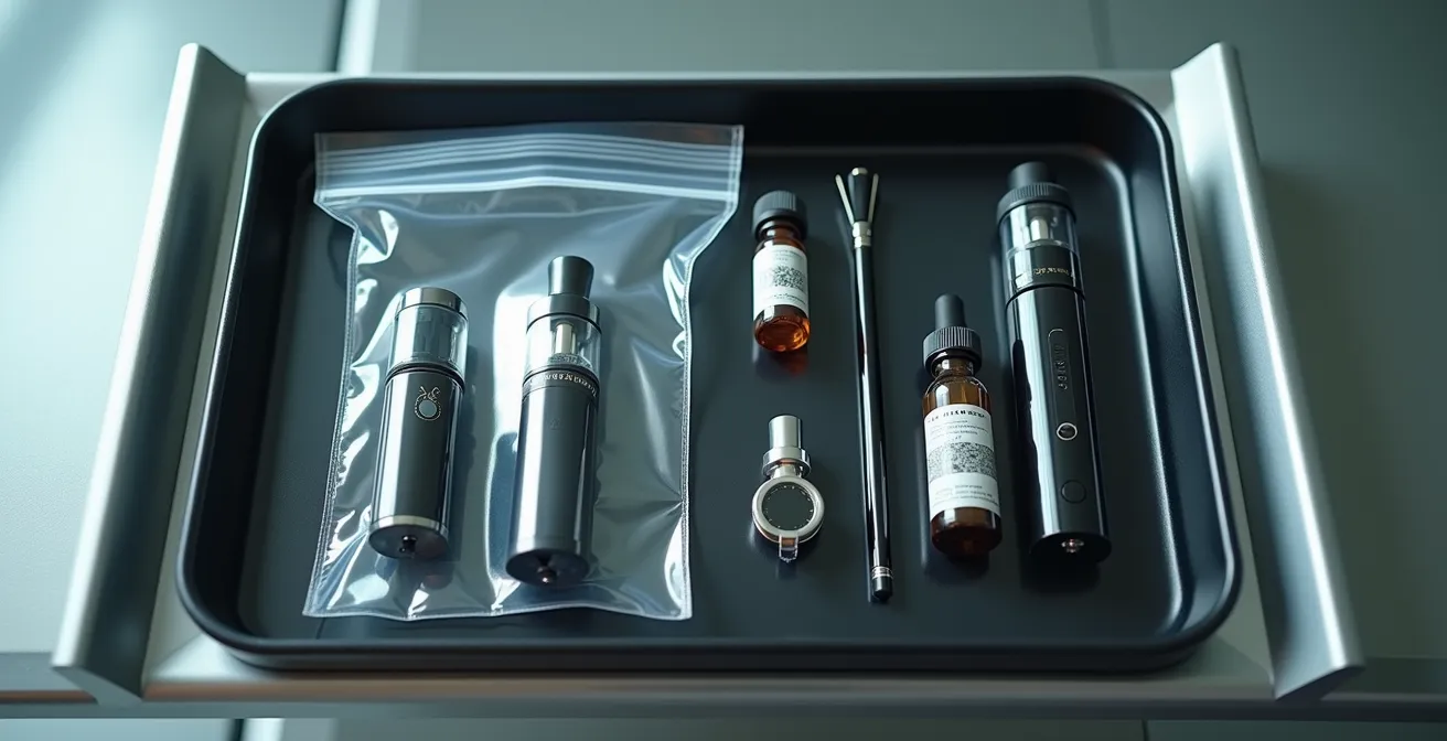 Vue aérienne d'accessoires de vapotage organisés dans un sac de voyage transparent